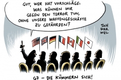 karikatur-schwarwel-g7-gipfel-waffen-waffengeschaefte-politik-politiker-aussenminister