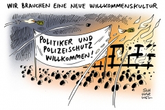 schwarwel-karikatur-willkommenskultur-migranten-asylsuchende-fluechtlinge-polizeischutz